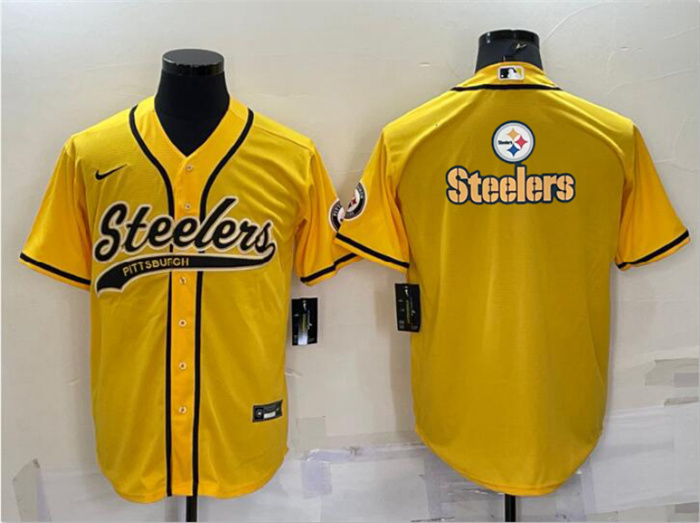 Personalized Men’s Pittsburgh Steelers Yellow Team Big Logo With Patch Cool Base Stitched Baseball Jersey