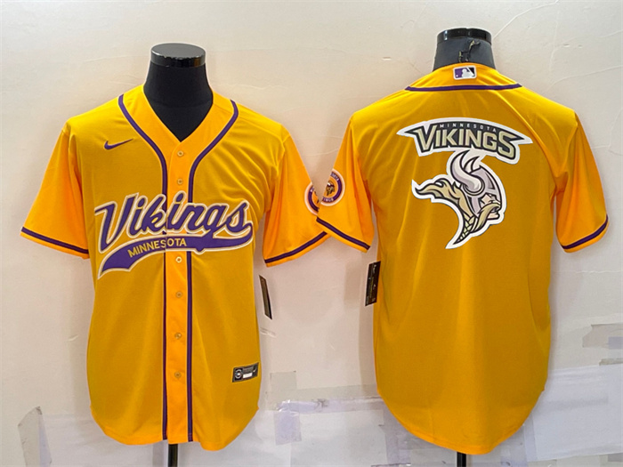 Personalized Men’s Minnesota Vikings Gold Team Big Logo With Patch Cool Base Stitched Baseball Jersey