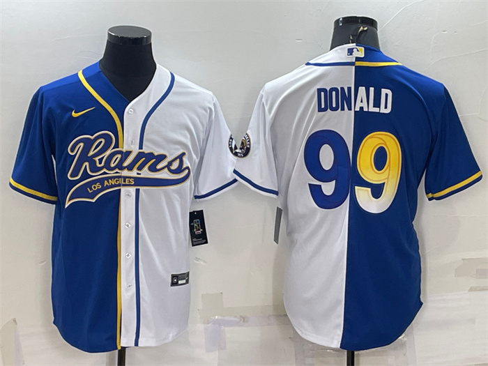 Personalized Men’s Los Angeles Rams #99 Aaron Donald Royal White Split With Patch Cool Base Stitched Baseball Jersey