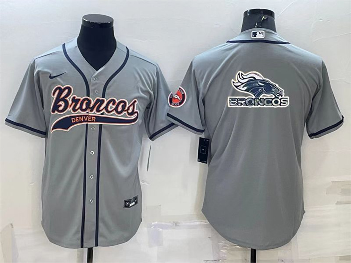 Personalized Men’s Denver Broncos Grey Team Big Logo With Patch Cool Base Stitched Baseball Jersey