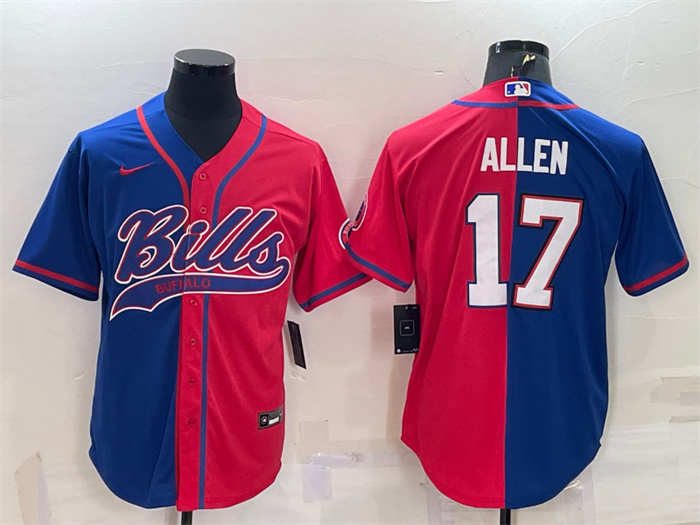 Personalized Men’s Buffalo Bills #17 Josh Allen Royal Red Split With Patch Cool Base Stitched Baseball Jersey