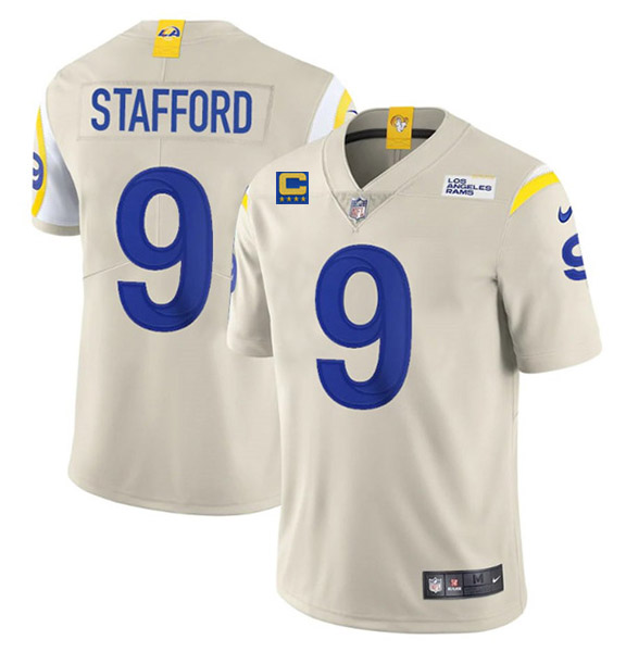 Personalized Men’s Los Angeles Rams #9 Matthew Stafford 2022 Bone With 4-Star C Patch Untouchable Limited Stitched Jersey