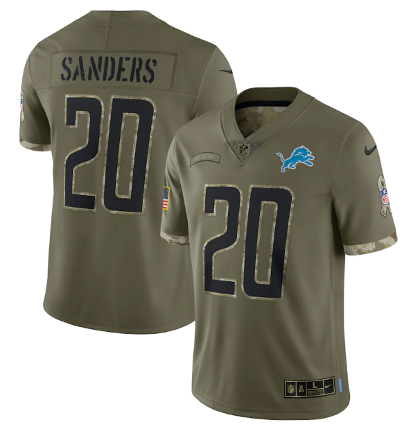Personalized Men’s Detroit Lions #20 Barry Sanders Olive 2022 Salute To Service Limited Stitched Jersey
