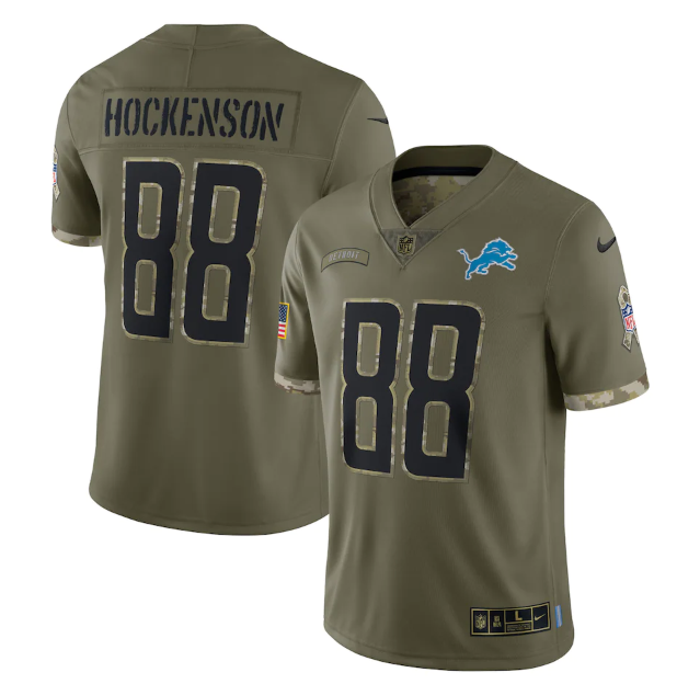 Personalized Men’s Detroit Lions #88 T. J. Hockenson Olive 2022 Salute To Service Limited Stitched Jersey
