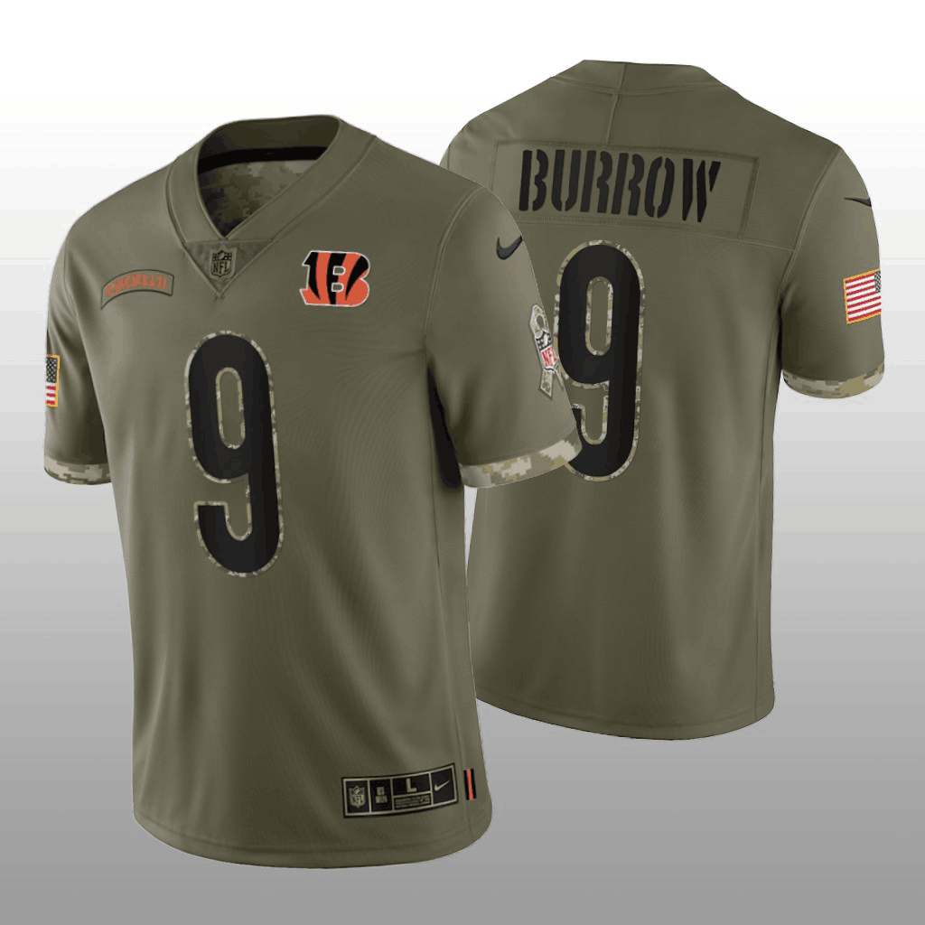 Personalized Men’s Cincinnati Bengals #9 Joe Burrow Olive 2022 Salute To Service Limited Stitched Jersey