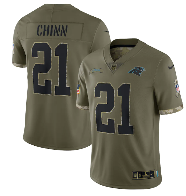 Personalized Men’s Carolina Panthers #21 Jeremy Chinn Olive 2022 Salute To Service Limited Stitched Jersey