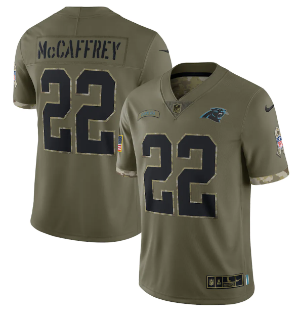 Personalized Men’s Carolina Panthers #22 Christian McCaffrey Olive 2022 Salute To Service Limited Stitched Jersey