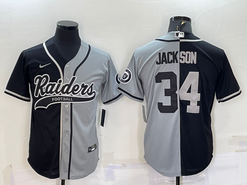 Personalized Men’s Las Vegas Raiders #34 Bo Jackson Black Grey Split With Patch Cool Base Stitched Baseball Jersey
