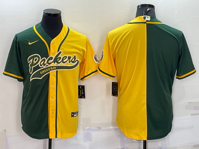 Personalized Men’s Green Bay Packers Blank Green Yellow Split With Patch Cool Base Stitched Baseball Jersey