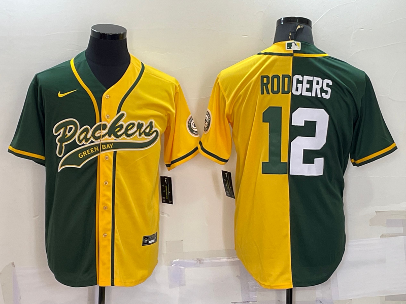 Personalized Men’s Green Bay Packers #12 Aaron Rodgers Green Yellow Split With Patch Cool Base Stitched Baseball Jersey