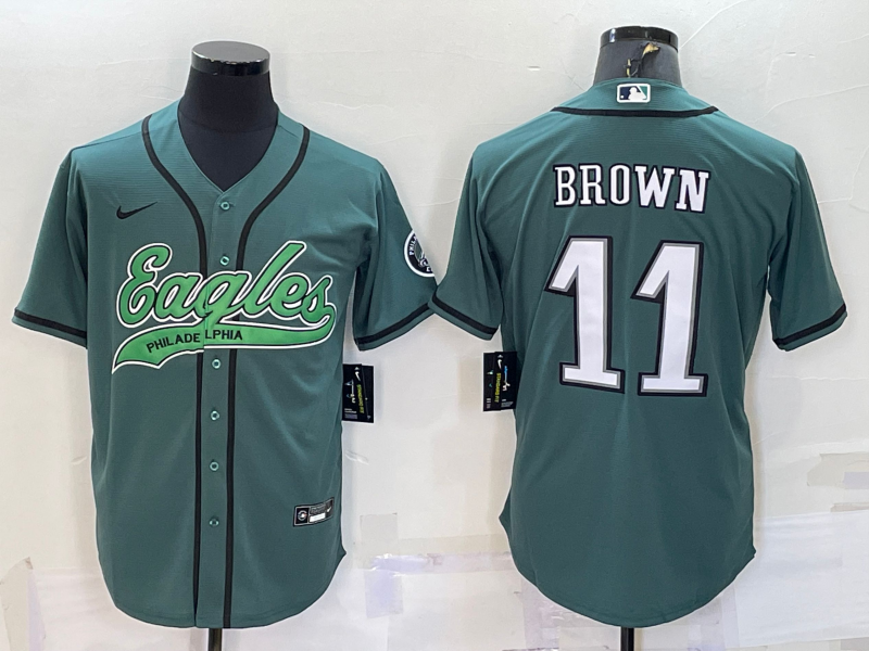 Personalized Men’s Philadelphia Eagles #11 A. J. Brown Green With Patch Cool Base Stitched Baseball Jersey