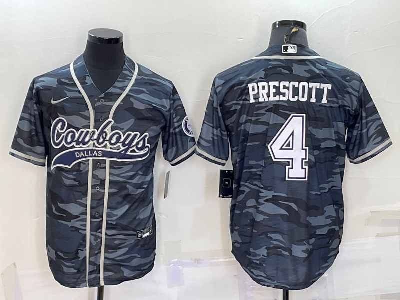 Personalized Men’s Dallas Cowboys #4 Dak Prescott Grey Camo With Patch Cool Base Stitched Baseball Jersey
