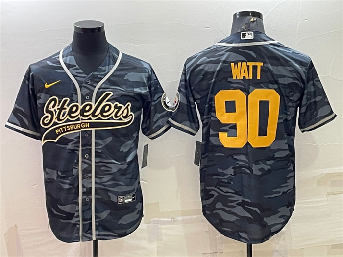 Personalized Men’s Pittsburgh Steelers #90 T. J. Watt Grey Navy Camo With Patch Cool Base Stitched Baseball Jersey