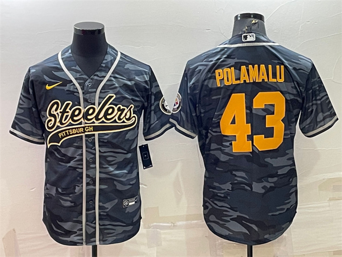 Personalized Men’s Pittsburgh Steelers #43 Troy Polamalu Grey Navy Camo With Patch Cool Base Stitched Baseball Jersey