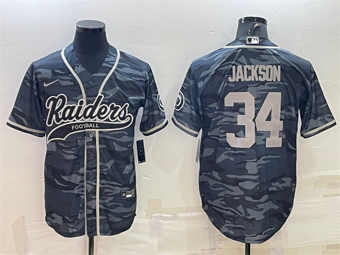 Personalized Men’s Las Vegas Raiders #34 Bo Jackson Grey Camo With Patch Cool Base Stitched Baseball Jersey