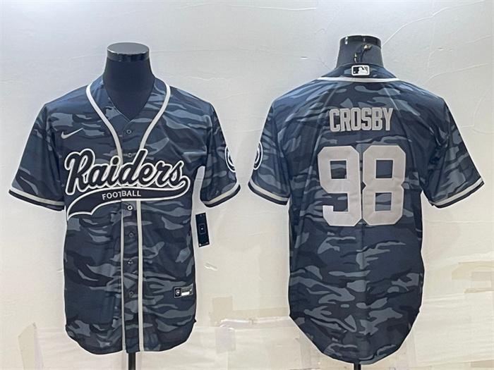 Personalized Men’s Las Vegas Raiders #98 Maxx Crosby Grey Camo With Patch Cool Base Stitched Baseball Jersey
