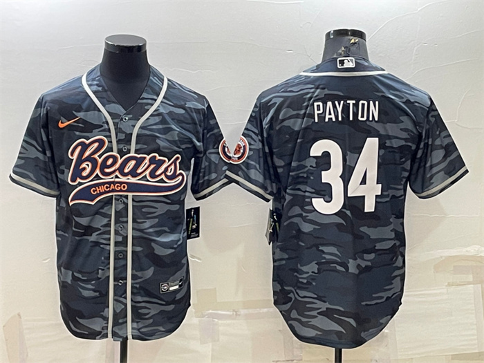 Personalized Men’s Chicago Bears Blank #34 Walter Payton Grey Camo With Patch Cool Base Stitched Baseball Jersey