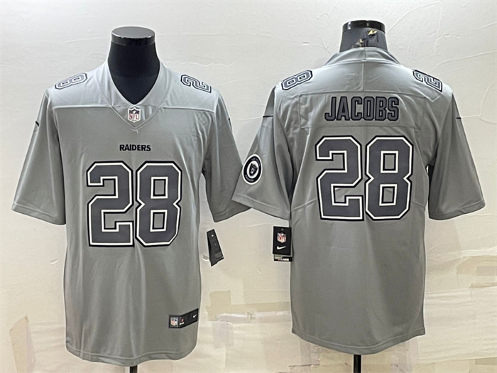 Personalized Men’s Las Vegas Raiders #28 Josh Jacobs Grey Atmosphere Fashion With Patch Stitched Jersey