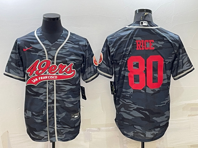 Personalized Men’s San Francisco 49ers #80 Jerry Rice Grey Red Camo With Patch Cool Base Stitched Baseball Jersey
