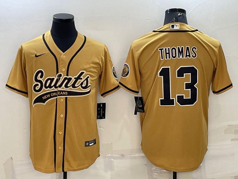 Personalized Men’s New Orleans Saints #13 Michael Thomas Gold With Patch Cool Base Stitched Baseball Jersey