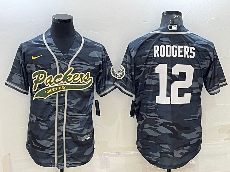 Personalized Men’s Green Bay Packers #12 Aaron Rodgers Grey Camo With Patch Cool Base Stitched Baseball Jersey