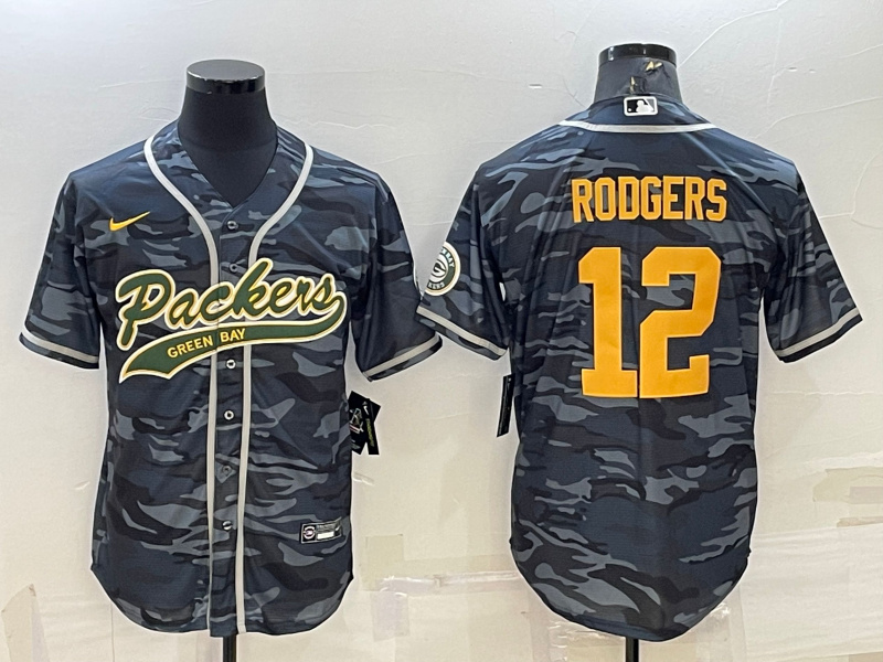 Personalized Men’s Green Bay Packers #12 Aaron Rodgers Grey Gold Camo With Patch Cool Base Stitched Baseball Jersey