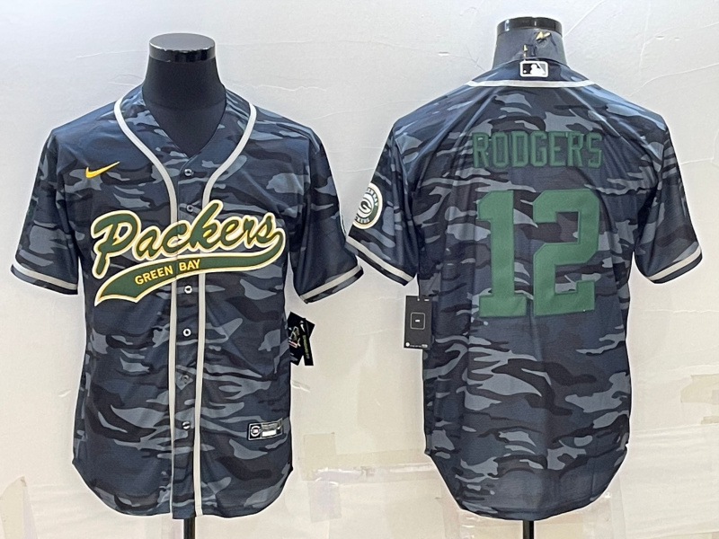 Personalized Men’s Green Bay Packers #12 Aaron Rodgers Grey Green Camo With Patch Cool Base Stitched Baseball Jersey