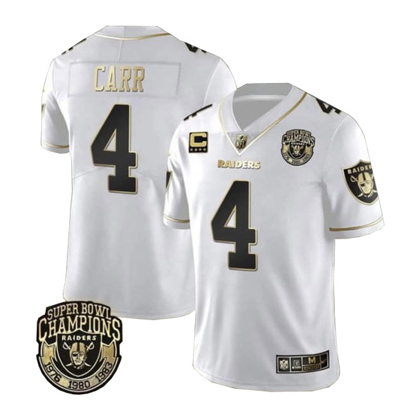 Personalized Men’s Las Vegas Raiders #4 Derek Carr White Gold With Champions Patch & C Patch Limited Stitched Jersey