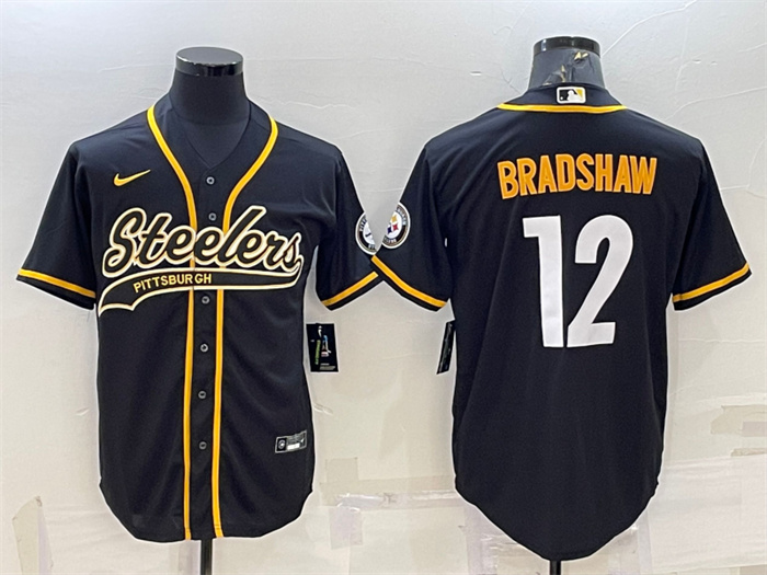 Personalized Men’s Pittsburgh Steelers #12 Terry Bradshaw Black With Patch Cool Base Stitched Baseball Jersey