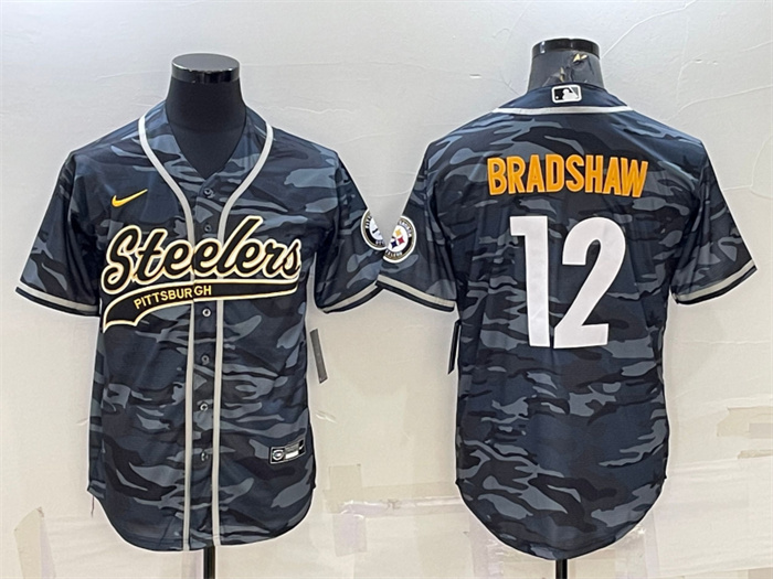 Personalized Men’s Pittsburgh Steelers #12 Terry Bradshaw Grey Navy Camo With Patch Cool Base Stitched Baseball Jersey