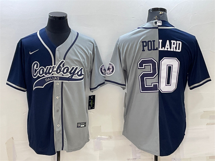 Personalized Men’s Dallas Cowboys #20 Tony Pollard Navy Grey Split With Patch Cool Base Stitched Baseball Jersey