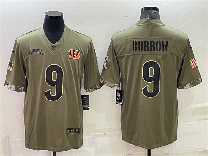 Personalized Men’s Cincinnati Bengals #9 Joe Burrow Olive 2022 Salute To Service Limited Stitched Jersey