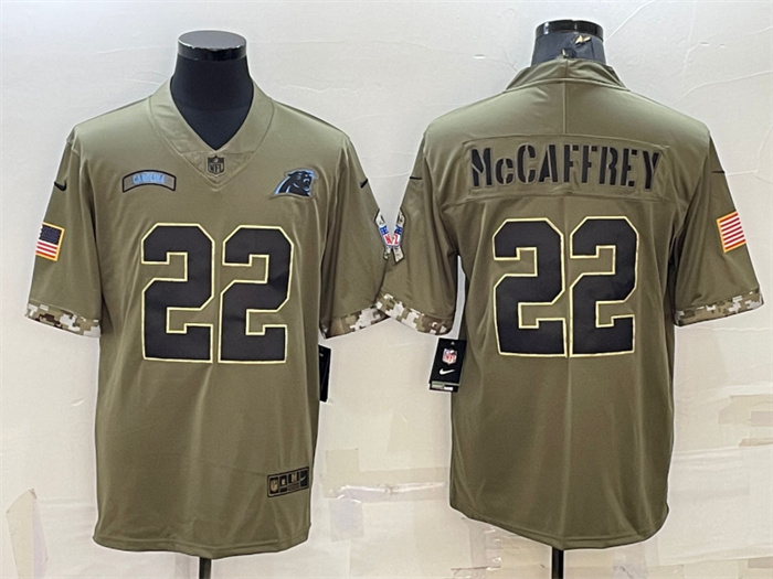 Personalized Men’s Carolina Panthers #22 Christian McCaffrey Olive 2022 Salute To Service Limited Stitched Jersey