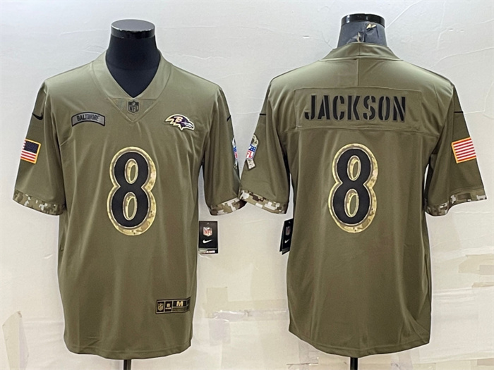 Personalized Men’s Baltimore Ravens #8 Lamar Jackson Olive 2022 Salute To Service Limited Stitched Jersey