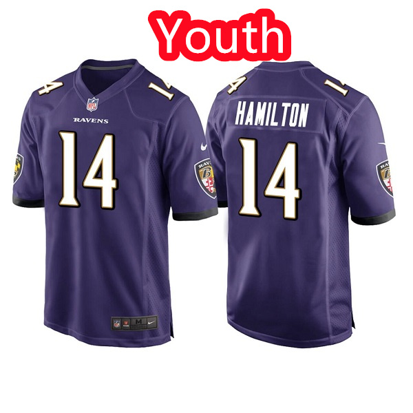 Personalized Youth Baltimore Ravens #14 Kyle Hamilton Purple Stitched Jersey