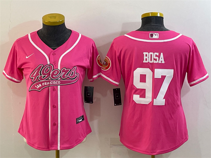 Personalized Women’s San Francisco 49ers #97 Nick Bosa Pink With Patch Cool Base Stitched Baseball Jersey(Run Small)