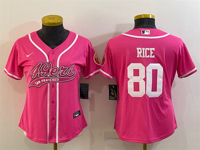 Personalized Women’s San Francisco 49ers #80 Jerry Rice Pink With Patch Cool Base Stitched Baseball Jersey(Run Small)