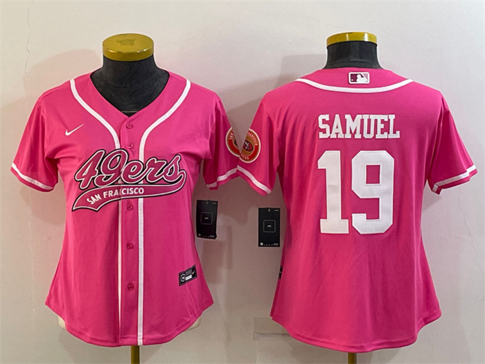 Personalized Women’s San Francisco 49ers #19 Deebo Samuel Pink With Patch Cool Base Stitched Baseball Jersey(Run Small)
