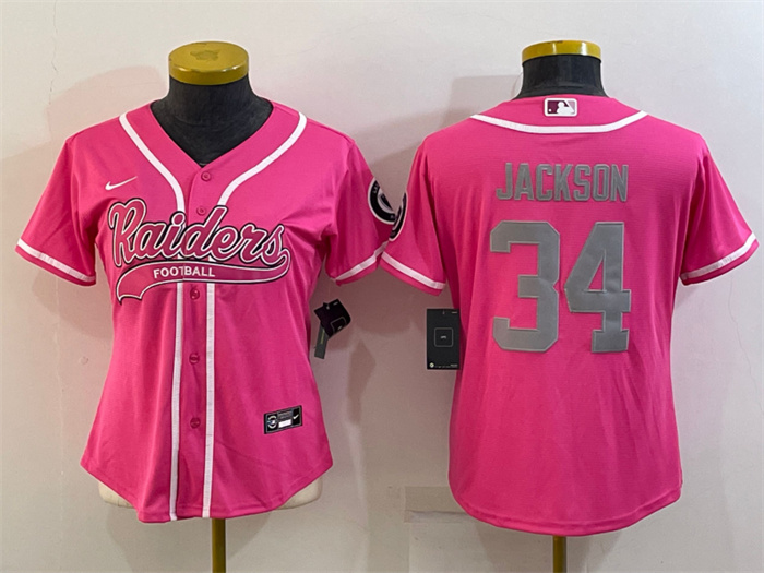 Personalized Women’s Las Vegas Raiders #34 Bo Jackson Pink Silver With Patch Cool Base Stitched Baseball Jersey(Run Small)