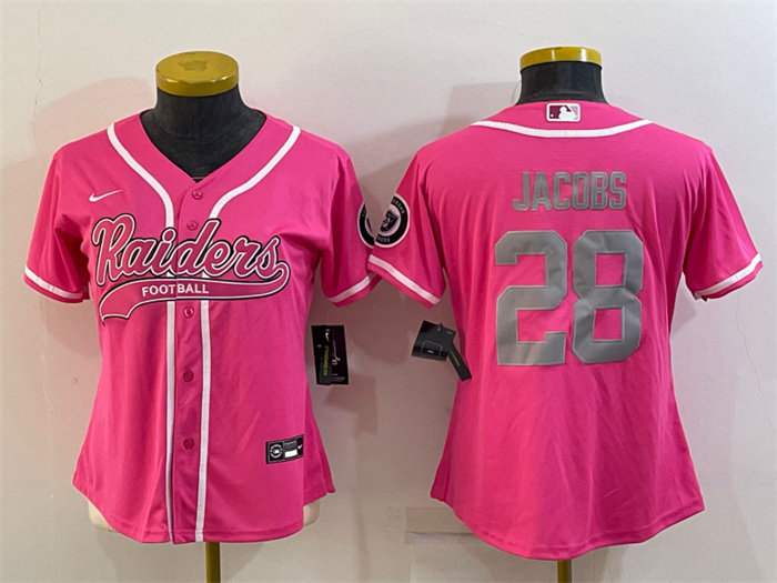 Personalized Women’s Las Vegas Raiders #28 Josh Jacobs Pink Silver With Patch Cool Base Stitched Baseball Jersey(Run Small)