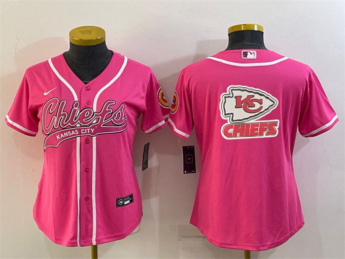 Personalized Women’s Kansas City Chiefs Pink Team Big Logo With Patch Cool Base Stitched Baseball Jersey(Run Small)