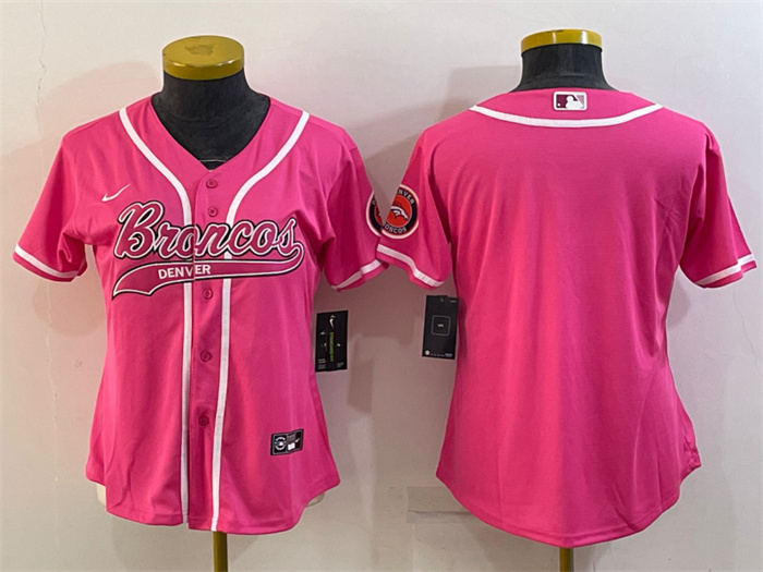 Personalized Women’s Denver Broncos Blank Pink With Patch Cool Base Stitched Baseball Jersey(Run Small)