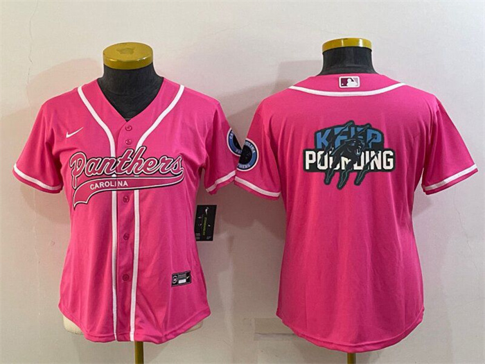 Personalized Women’s Carolina Panthers Pink Team Big Logo With Patch Cool Base Stitched Baseball Jersey(Run Small)