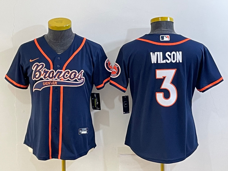 Personalized Women’s Denver Broncos #3 Russell Wilson Navy With Patch Cool Base Stitched Baseball Jersey(Run Small)