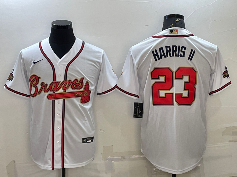 Personalized Men’s Atlanta Braves #23 Michael Harris II White Gold World Series Champions Program Cool Base Stitched Baseball Jersey