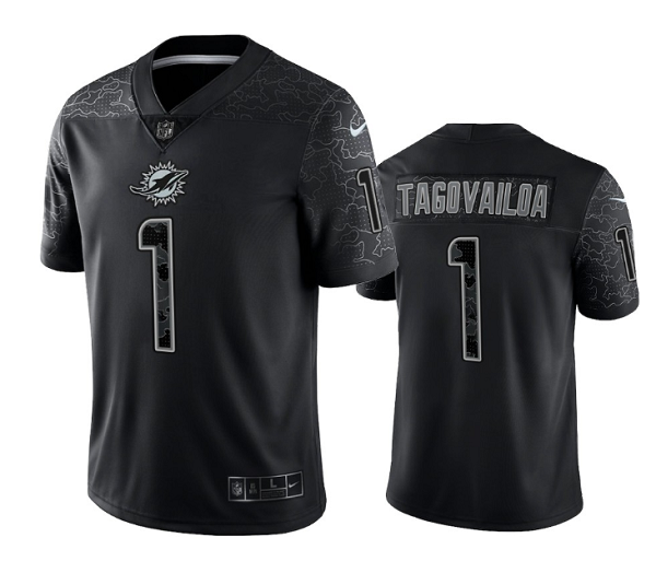 Personalized Men’s Miami Dolphins #1 Tua Tagovailoa Black Reflective Limited Stitched Football Jersey