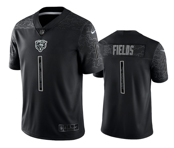 Personalized Men’s Chicago Bears #1 Justin Fields Black Reflective Limited Stitched Football Jersey