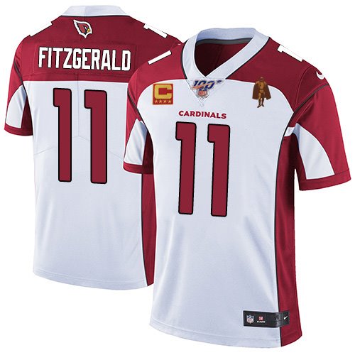 Personalized Men’s Arizona Cardinals #11 Larry Fitzgerald White With C Patch & Walter Payton Patch Limited Stitched Jersey
