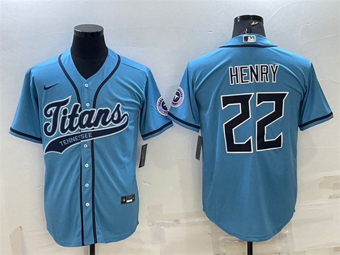 Personalized Men’s Tennessee Titans #22 Derrick Henry Blue With Patch Cool Base Stitched Baseball Jersey