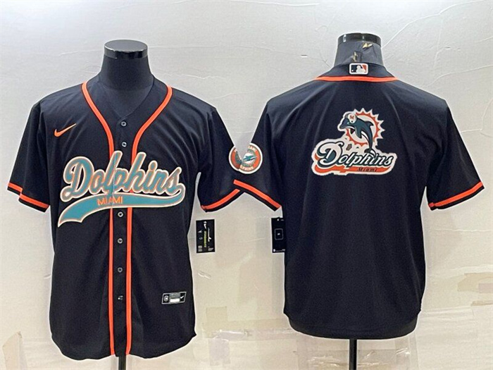Personalized Men’s Miami Dolphins Black Team Big Logo With Patch Cool Base Stitched Baseball Jersey